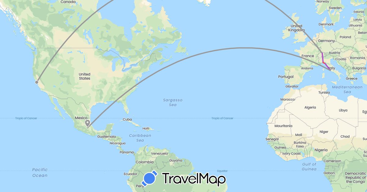 TravelMap itinerary: plane, train, hiking in Switzerland, Italy, Mexico, United States (Europe, North America)